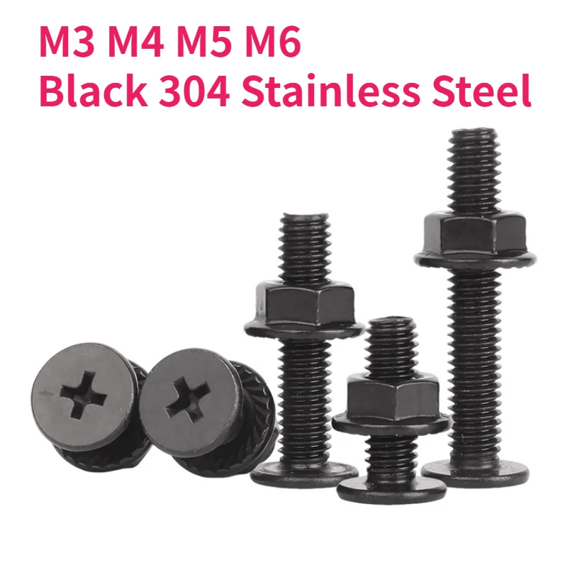 CM M3 M4 M5 M6 Black 304 Stainless Steel Cross Phillips Ultra Thin Low Flat Wafer Head Bolt Screw And Serrated Flange Nut Set
