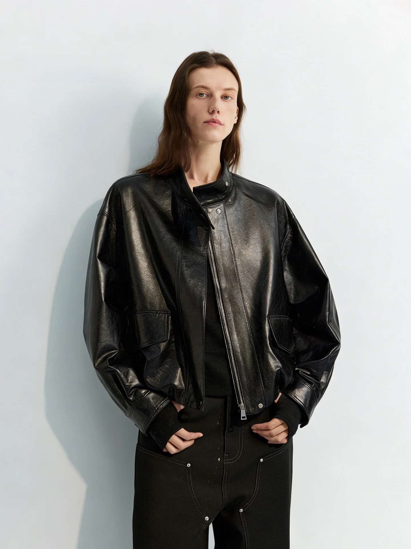 

WUUO Spring 2026 ort Leather Jaet Crystal Paper Feel Oil Wax Lamb Skin Genuine Leather Crisp Workwear Sle Women's Coat