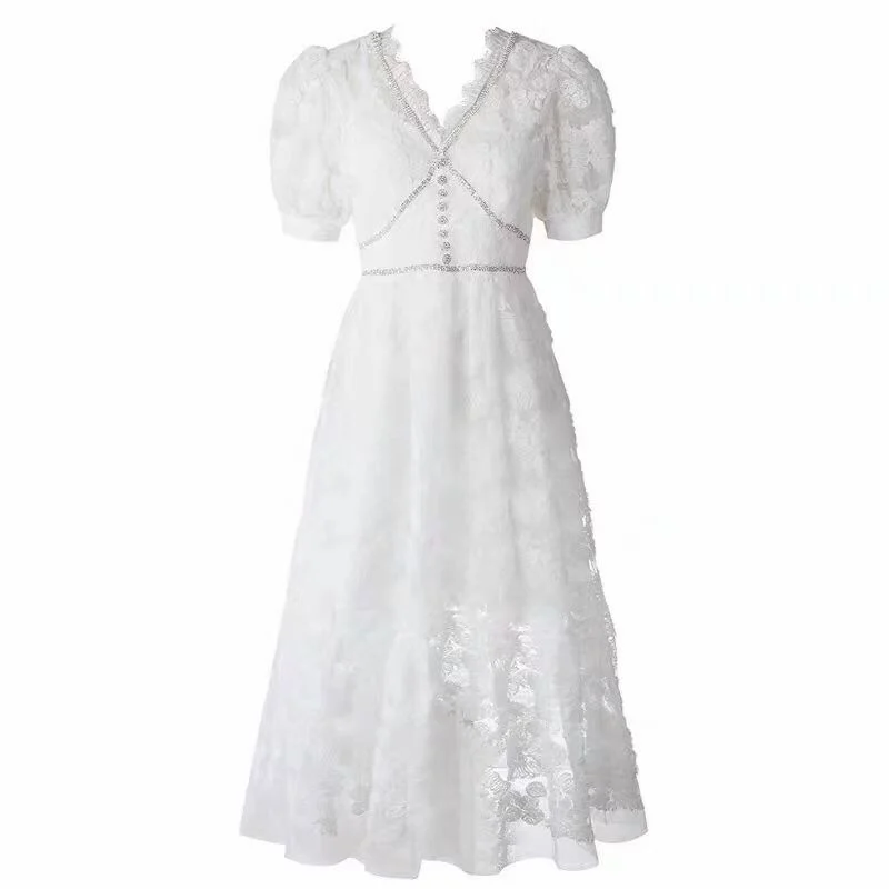 

White Hollow Out Lace Midi Dress 2024