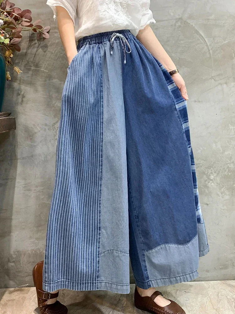 Max LuLu Jesienna moda Plus Size Spodnie jeansowe Womens Plaid Classic Vintage Jeans Ladies Striped Leisure Loose Wide Leg Trousers