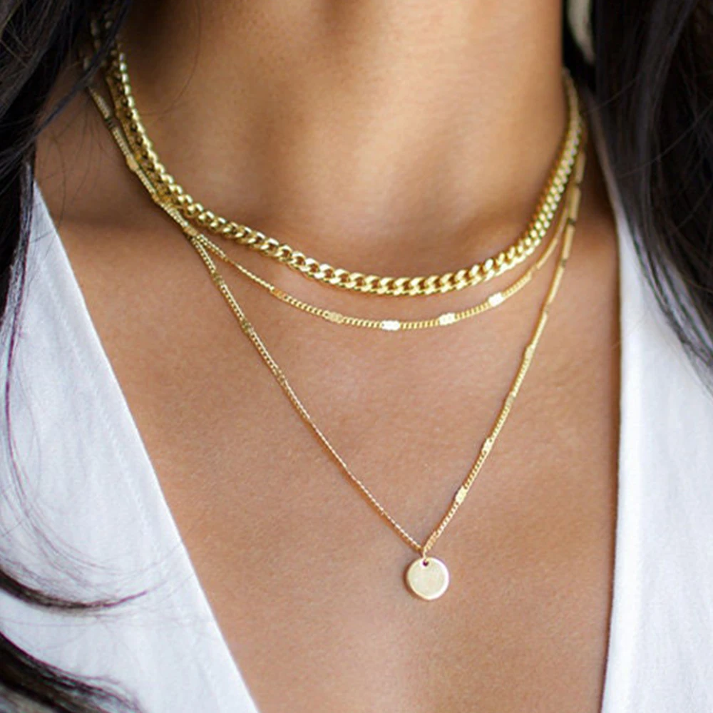 3 Piece Layered Necklace Set Fashionable Elegant Gold Disc Necklace Gold Necklace Thick Gold Chain Necklace Exquisite Necklace