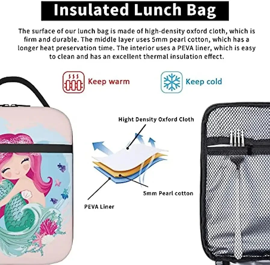 Cute Mermaid Girl Lunch Bag Insulated Portable Reusable Lunch Box With Zipper For Picnic Work Office Travel School