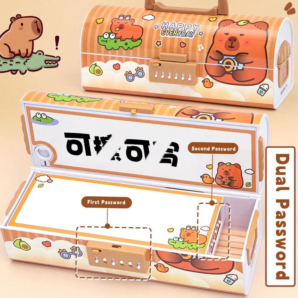 With Dual Password Lock Pen Box Handheld Multi-Function Pencil Case Capybara Large Capacity Stationery Organizer School Supplies