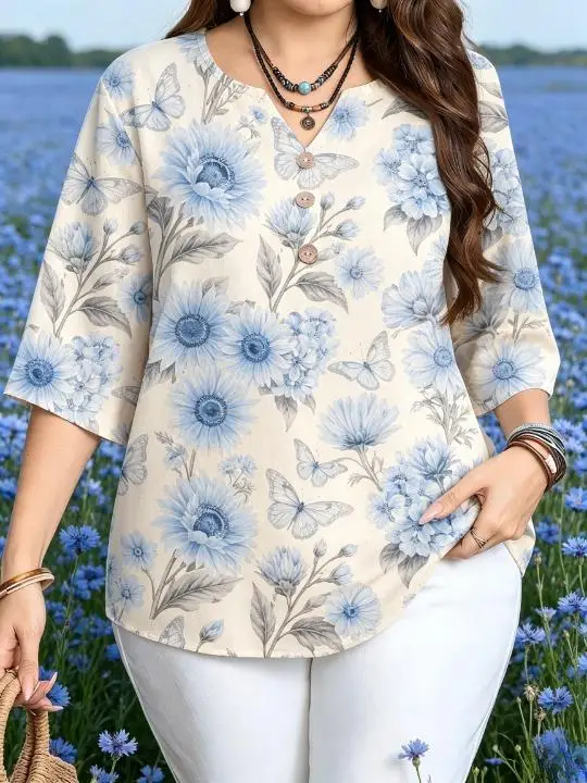Floral Printed Blouses Notch V Neck Half Placket Buttons 3/4 Sleeve Loose Spring Summer Women Shirts