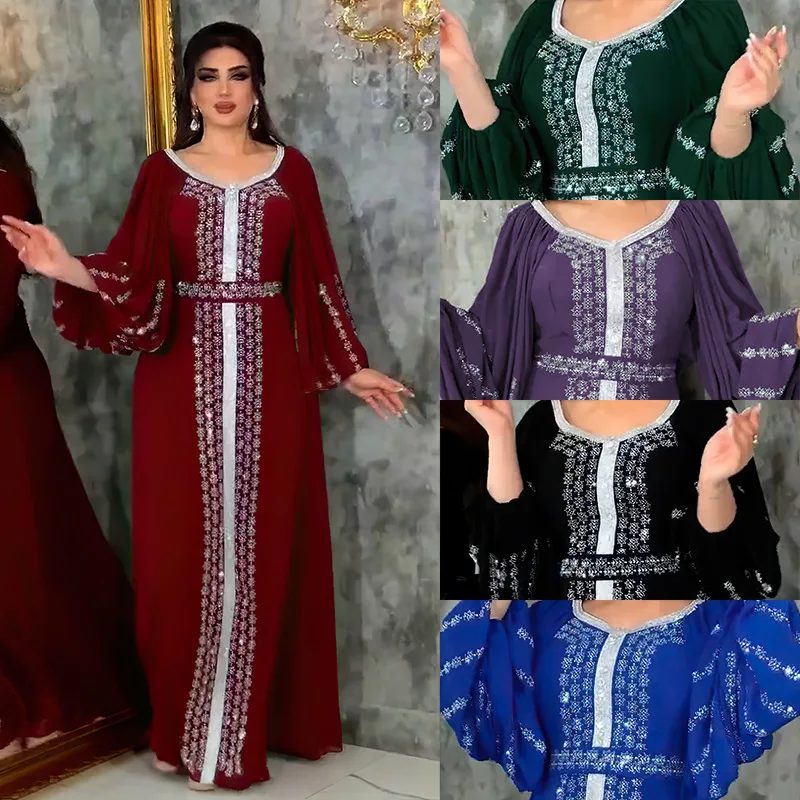 

Women's clothing Middle Eastern ethnic style hot diamond long dress chiffon bubble sleeve dress with belt fashionable simple tem