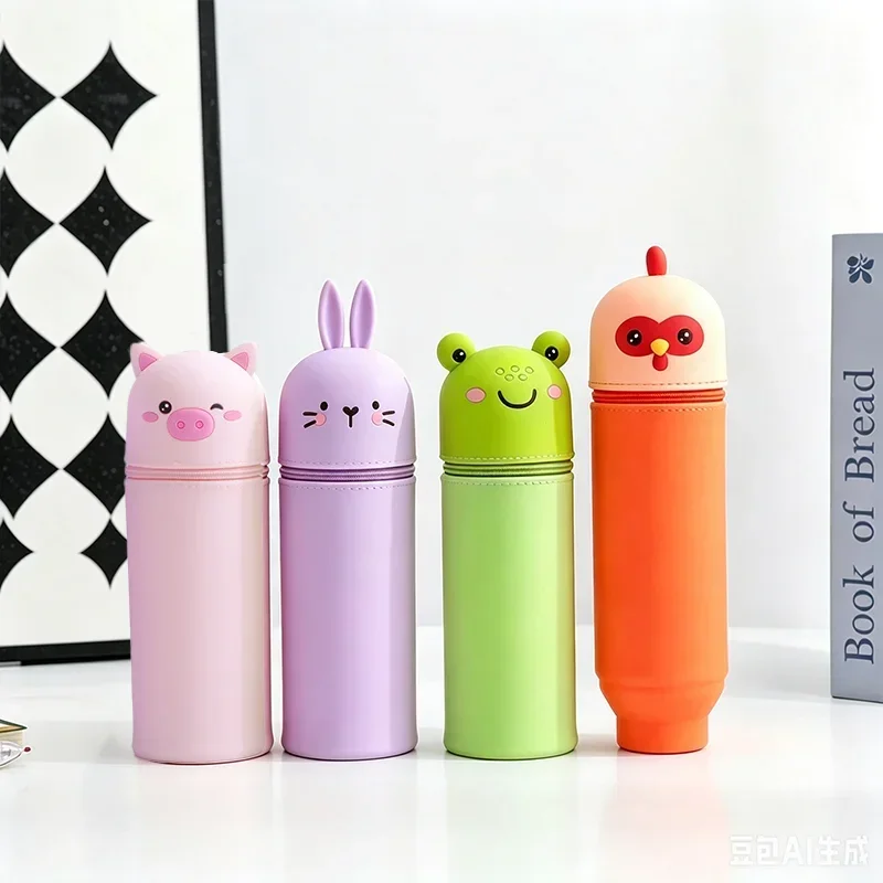 Cute Animal Silicone Retractable Pencil Storage Bag, Cartoon Stand Pen Holder Large Capacity Waterproof Stationery Bag