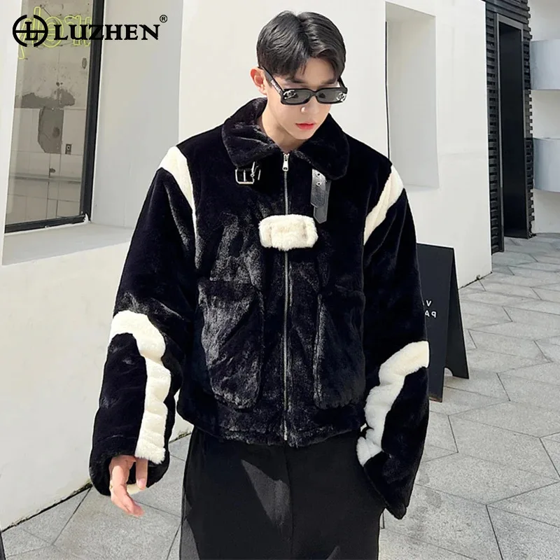 LUZHEN 2024 New Trendy Elegant Color Contrast Splicing Design Lamb Wool Warm Jacket Men's High Street Korean Fashion Coat LZ7255