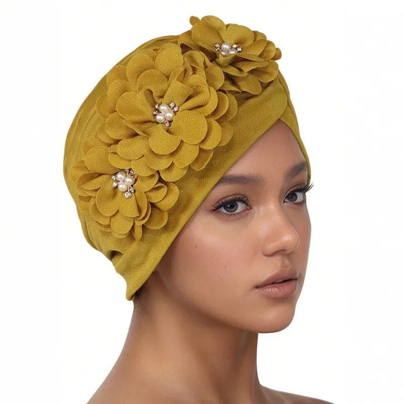 Spring and autumn pleated headscarf hat with three flower and pearl decorations, fashionable and versatile women's hat