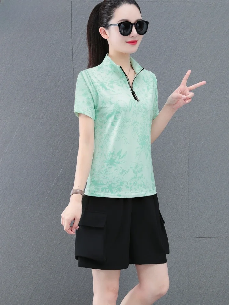 

Ice Silk Running Suit Set Women's Summer Thin Print Sportswear Two-Piece Set ort Pants Mom Workwear Qui Dry Breathable