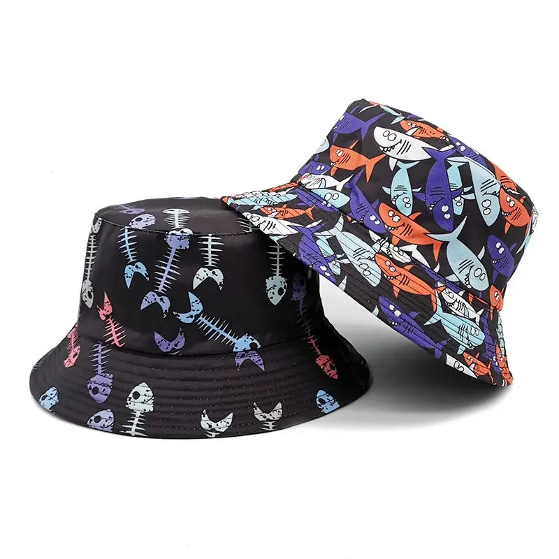 Four Seasons Polyester Cartoon fish print Bucket Hat Fisherman Hat Outdoor Travel Sun Cap For Men And Women 60