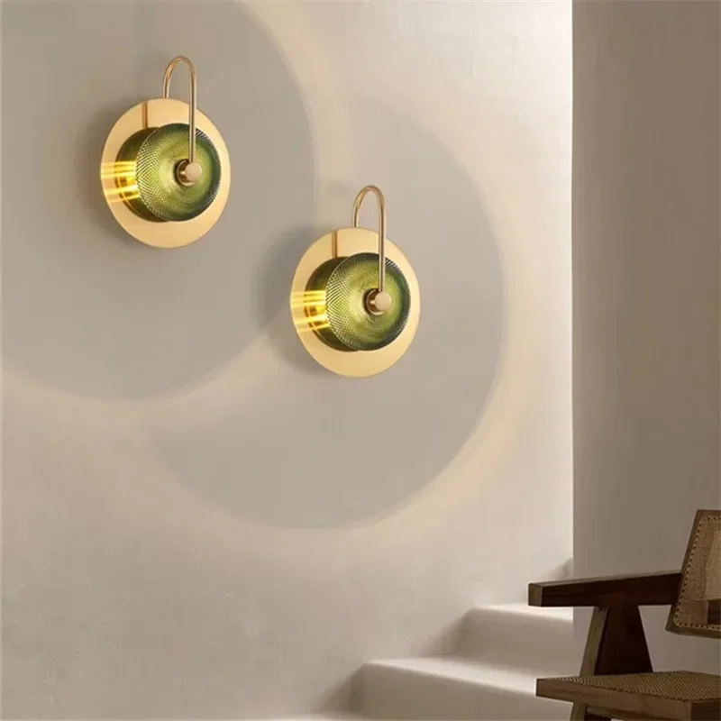 Wattle Circle Wall Lamp Green Crystal Art Deco Lights Nordic Minimalist Background Lamp Bedside Decoration Sofa Living Roomlight