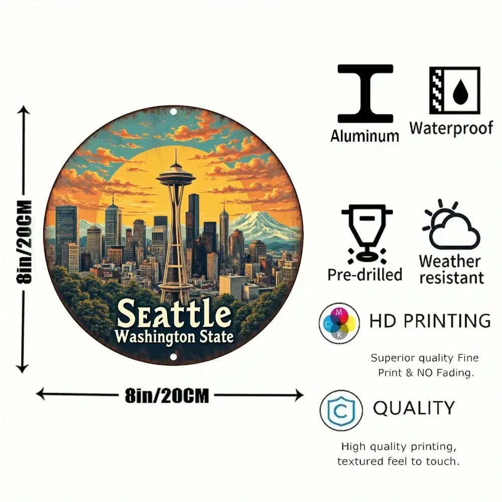 CIFbuy Vintage Seattle Skyline Aluminum Wall Art Waterproof Durable Rustproof Metal Sign For Home Office Decor