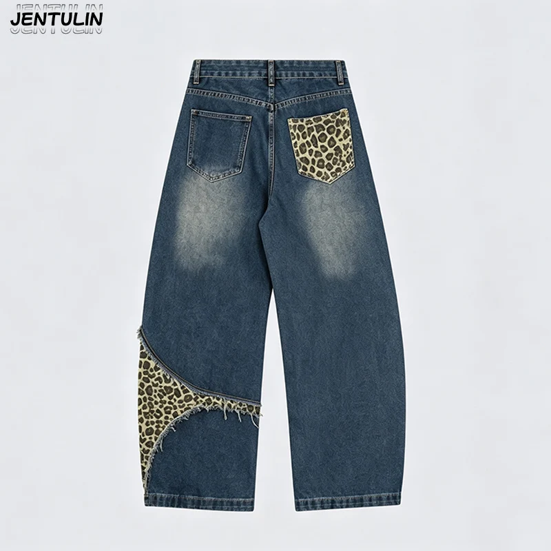 Retro Washed Leopard Print Patchwork Jeans With Frayed Edges Loose Straight leg Pants Unisex Wide Leg Curved Pants Y2k