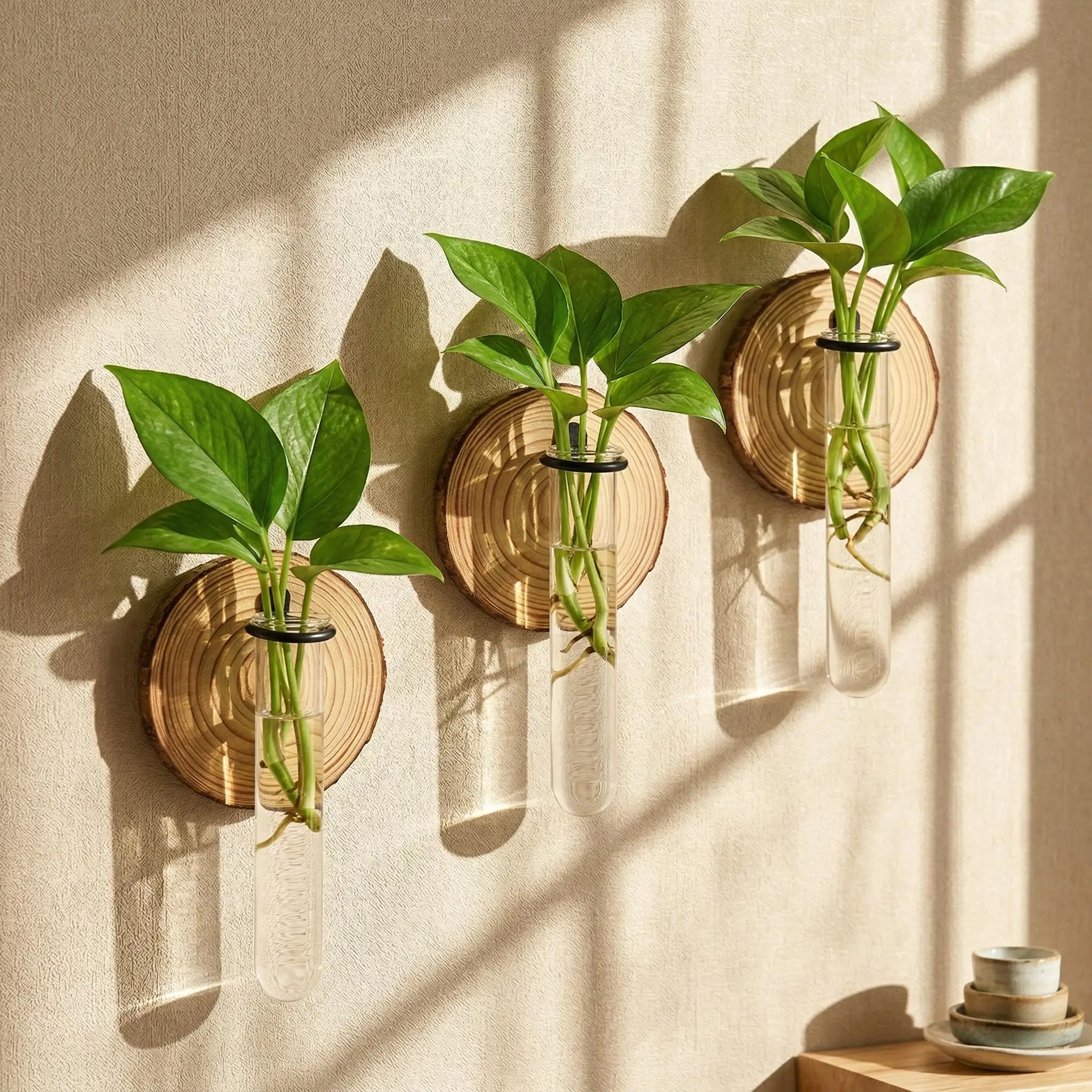 1pc/4pcs Boho Wall Decor Wooden Round Hanging Planter Hydroponic Glass Test Tube Vase For Flower Arrangement Living Room Balcony