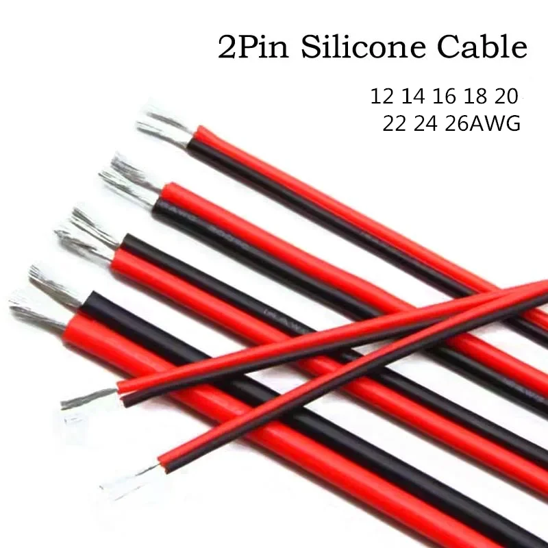 5M 10M 20M 2PIN Red Black Super Soft Silicone Cable 12 14 16 18 20 22 24 26AWG Heat-Resistant Copper Wire For Car Battery Power