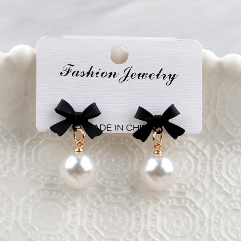 Elegant Imitation Pearl Dangle Earrings for Women Trendy Black Red Hollow Out Bow Knot Drop Earrings Cute Sweet Party Jewelry