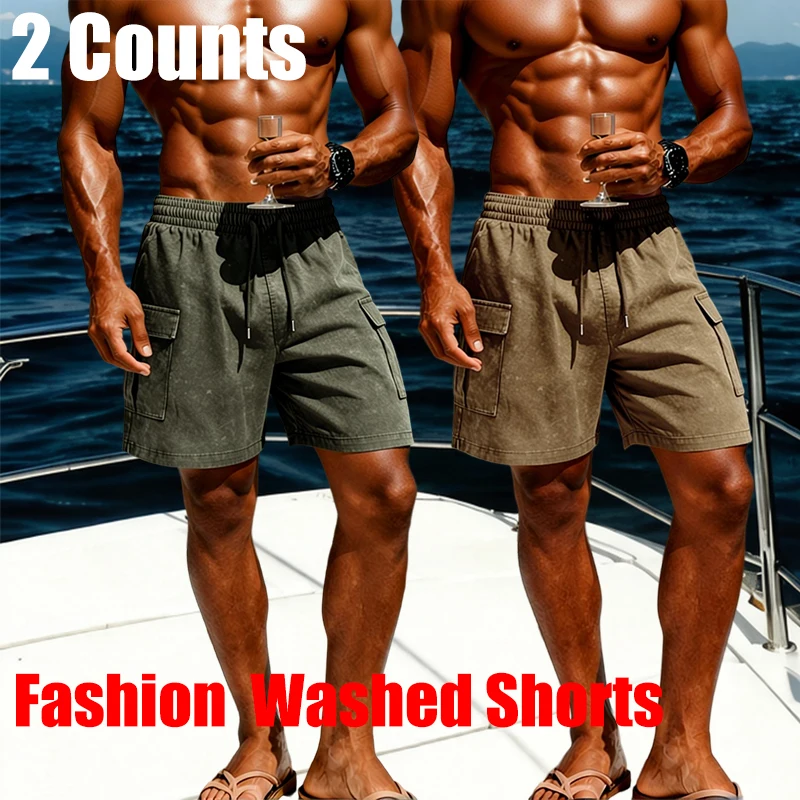 

Man 2 Counts Retro Washed Shorts Set Pocket Cotton Comfy Short Pants Casual Street Trendy Sportpants Sport Beach Swimming Trunks