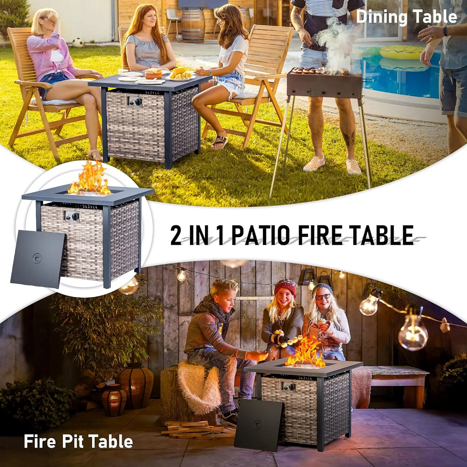 Outdoor Propan Feuerstelle Tisch 28 Zoll 50.000 BTU Selbstzündung Korb Rattan Gas Feuerstelle Tisch mit Deckel, Glasperlen, wasserdicht