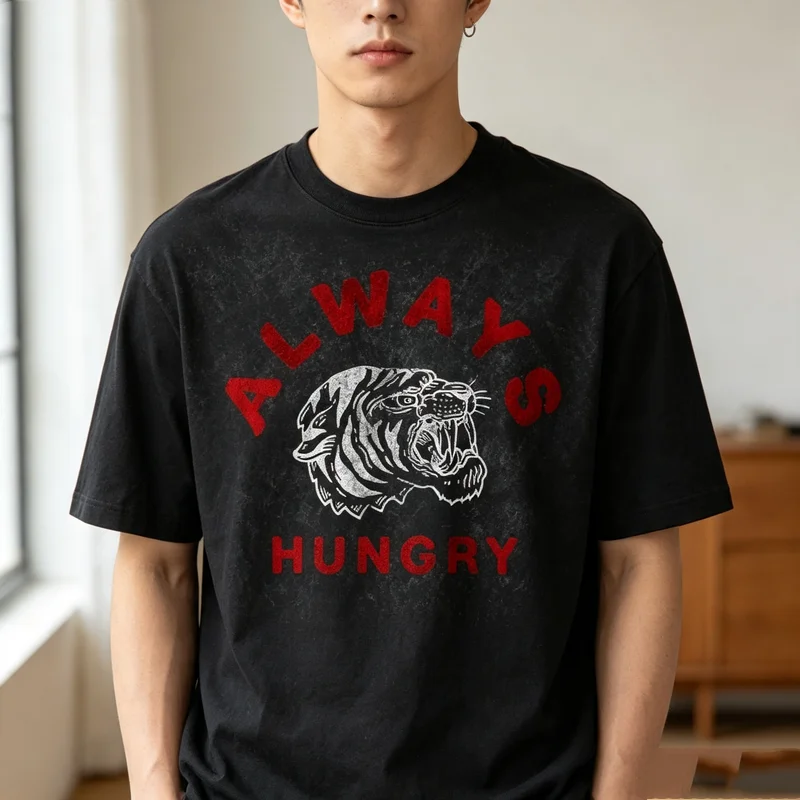Retro Tiger Always Hungry T Shirt Distressed Red Text Print Breathable Cotton Short Sleeve Fashion Casual Top For Men Women