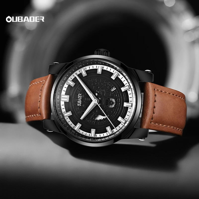 OUBAOER Man Leather Strap Fashion Wristwatch Men's Features Neat Masculine Dial Corrosion-resistant Quartz Wristwatch Male