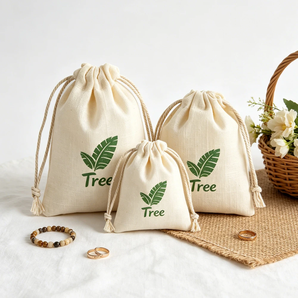 

100Pcs Custom Print Logo Cotton Muslin Bag Drawstring Jewelry Gift Packaging Organizer Pouch Natural Canvas Wedding Favor Sack