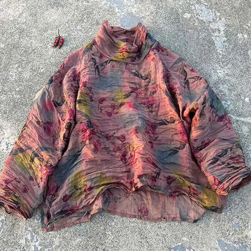 New Spring Summer Arts Style Women Long Sleeve Loose Turtleneck T-shirt 100% Ramie Vintage Floral Print Tee Shirt female Tops T6