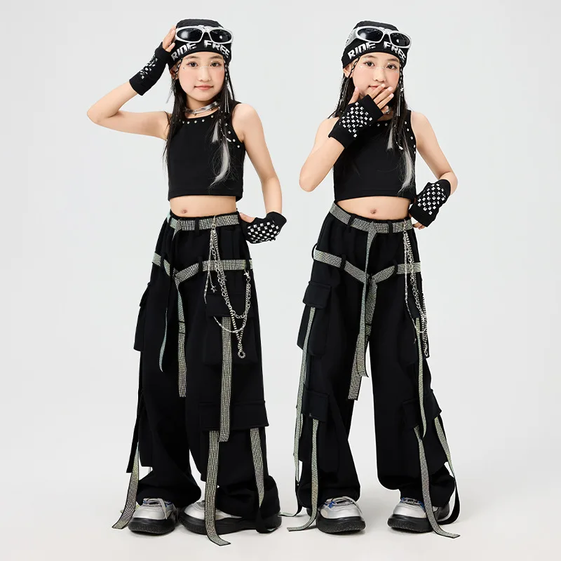 

Kid Kpop Hip Hop Clothing Black Rivet Crop Tank Top Beads Strap Multi Pockets Strap Cargo Pants for Girl Dance Costumes Clothes