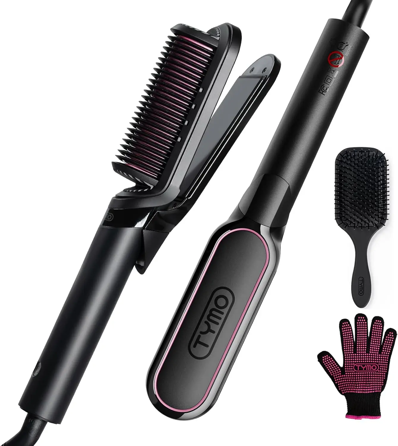 2-in-1 Flat Iron & Straightening Brush, 200M Ions, Anti-Frizz, 3X Less Heat Damage, Dual Voltage, Black