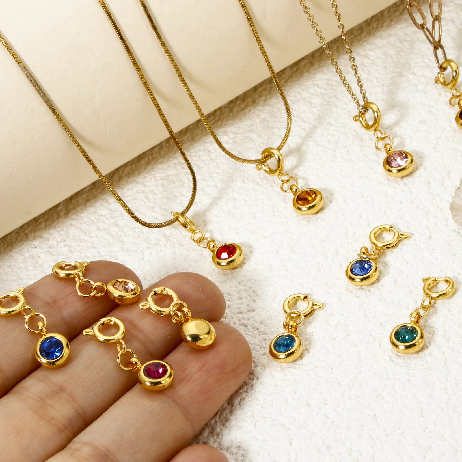 1pc Multicolor Stainless Steel Birthstone Clip On Charms Round With Spring Ring Clasp Pendant DIY Necklace Jewelry 20mm x 6.5mm