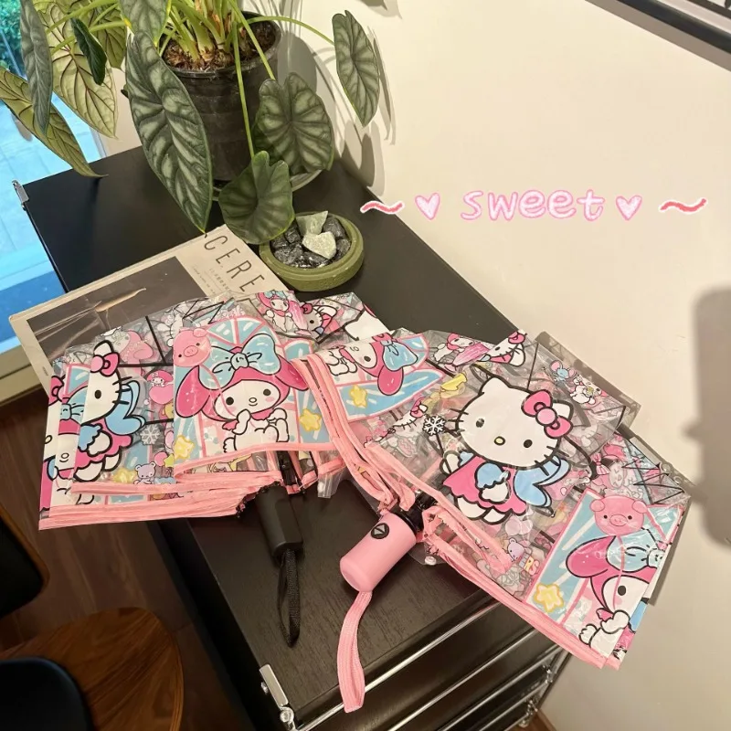 Sweet Anime Kawaii Ins MINISO Hello Kitty Transparent Umbrella Cute Cartoon Folding Ins Automatic Students Gifts for Girls