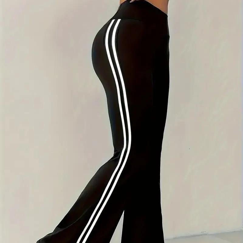 Women's Casual Sports Flared Pants, Side Stripe Design, High-Waisted and Hip-Lifting, Suitable for All Seasons, Slim-Fit Long Pa
