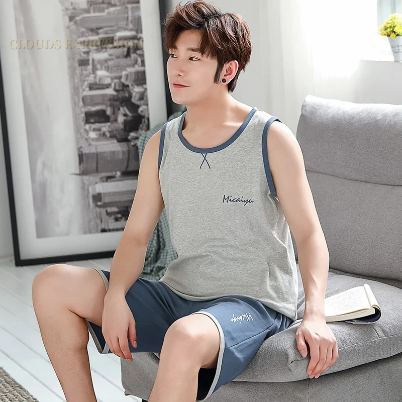 Summer Men Pyjamas 100%Cotton Striped Pajamas Set Casual Sleeveless Sleepwear Pyjamas Night Suits Pijamas Plus Size 4XL Home PJ