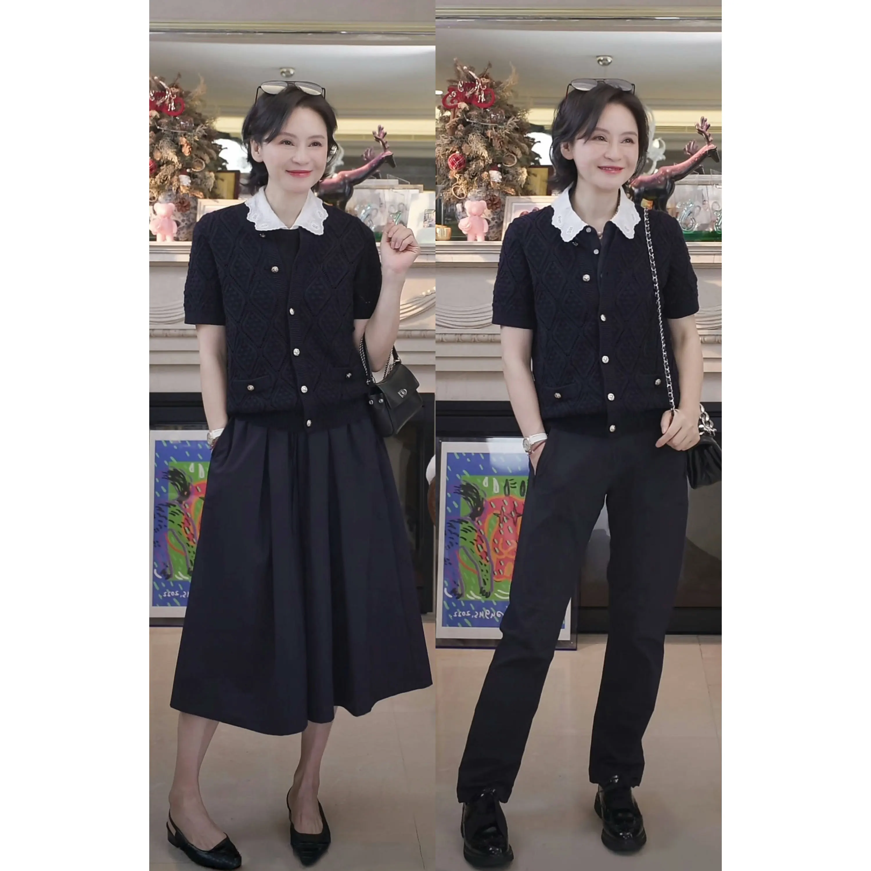 

High Twist Combed Cotton Open Cardigan Large Rhombus Flower ort Sve V Ne Pure Color Summer Women's Knitted Sweater