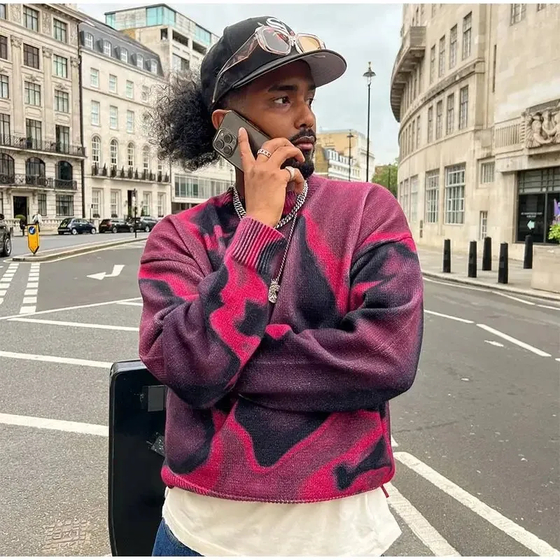 2024 sweter Jumper uniseks lengan panjang kontras trendi pria Pullover rajut leher O celup dasi Y2k jalanan rajut Harajuku pria