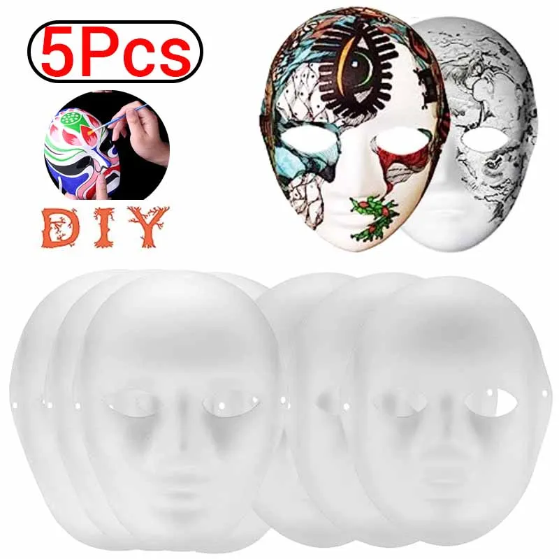 5Pcs DIY Full Face Masks Paper Blank White Halloween Cosplay Paintable Men Women Mache Party Perform Mardiup Craft Costumes