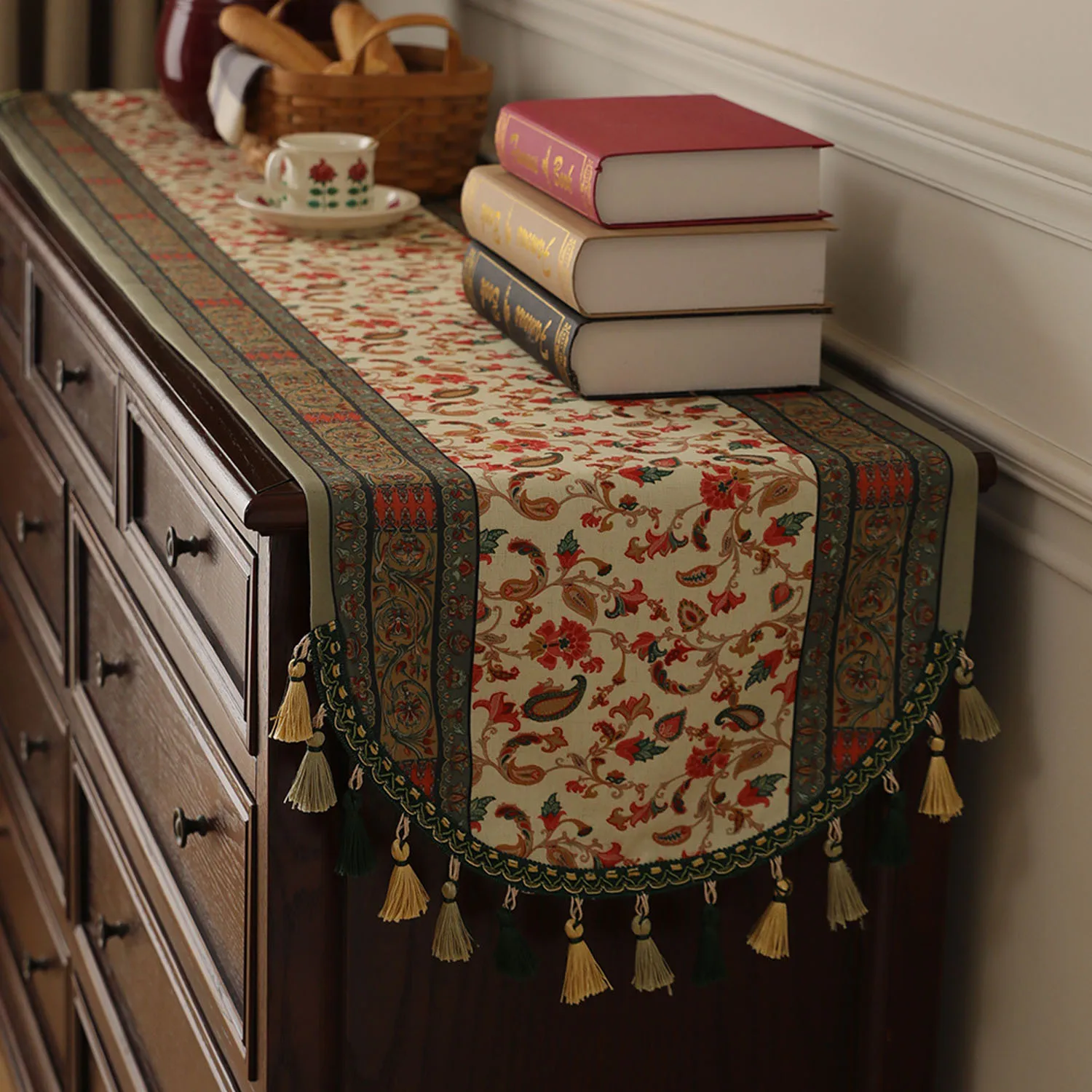 Extra Long Vintage Linen Table Runner – Boho Tassel Table Flag Farmhouse Dining Table,Luxury Tea Ceremony Decor for Living Room