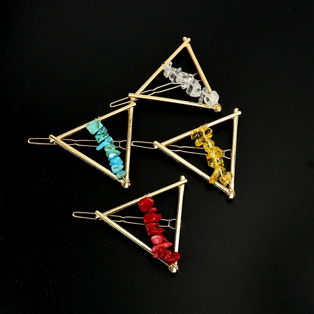 

12pcs Natural Chip Stone Triangle Hair Clips Chakra Yoga Crystal Hairclip Amethyst Rose Quartz Hairpin Hair Clip Accessories