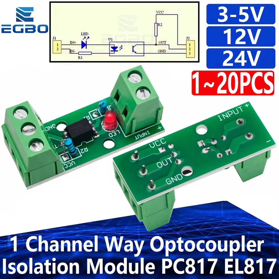 1~20PCS 1 Channel Way Optocoupler Isolation Module PC817 3V-5V 12V 24V Photoelectric Isolator Rail Holder PLC Drive Motor Board