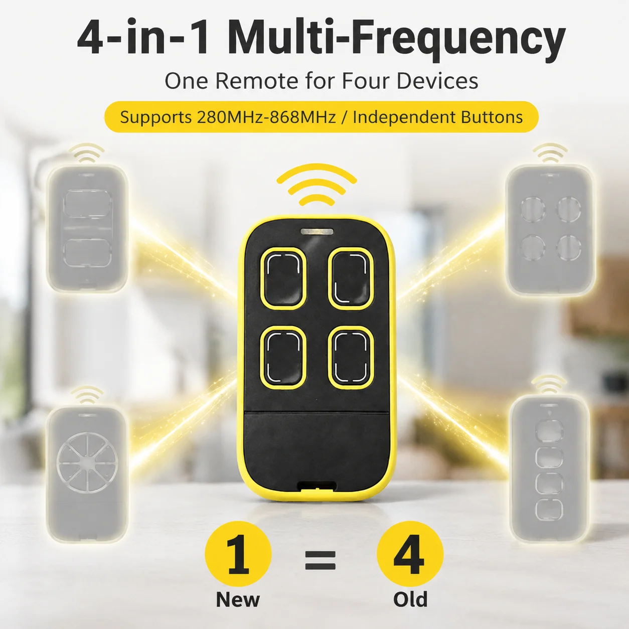 4-in-1 Multi-Frequency Garage Remote 280-868MHz Rolling Code Replace 4 Remotes Universal Clone Gate Opener Duplicator 5 Colors