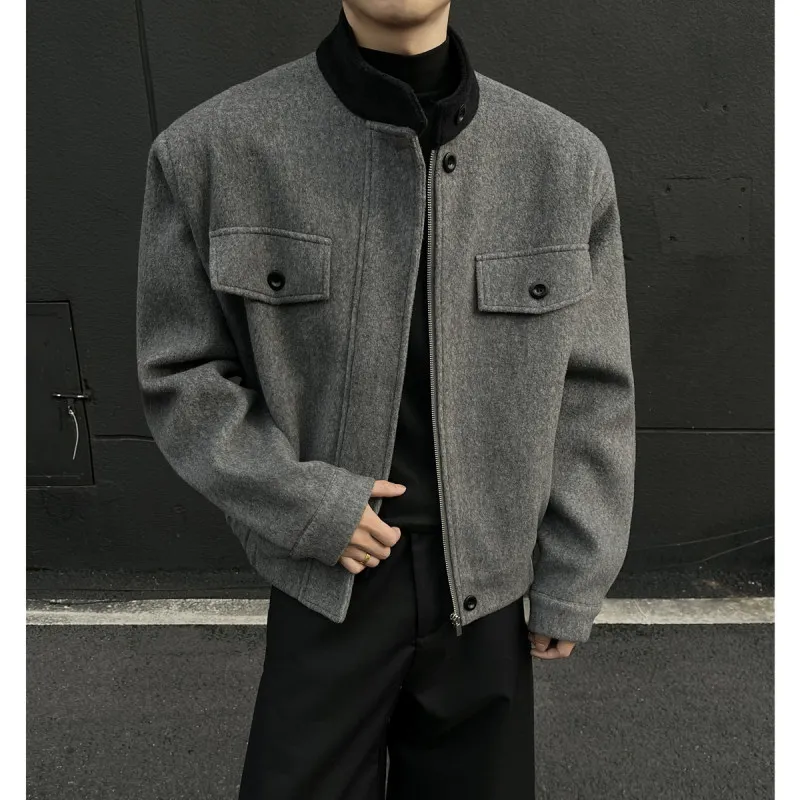 

Ретро-шерстяное пальто для мужчин, осенне-зимнее, утепленное, с воротником-стойкой, модная куртка для повседневной носки, из полиэфирного волокна