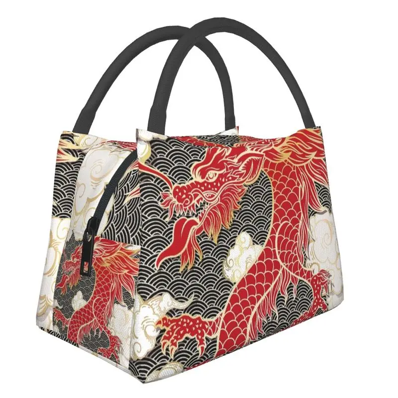 

Chinese Red Dragon Totem Pattern Insulated Lunch Bag for Women Portable Tradition Asian Style Thermal Cooler Bento Box