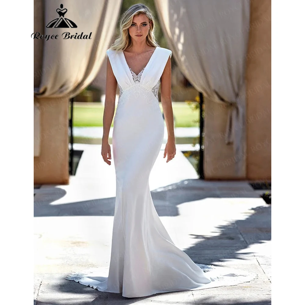 

Roycebridal 2025 Новое атласное и кружевное свадебное платье русалки большого размера с V-образным вырезом и шлейфом, свадебное платье по индивидуальному заказу, Vestidos