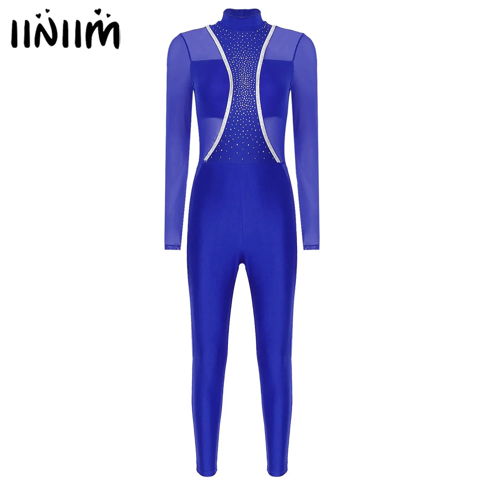 

Womens Shiny Rhinestones Gymnastics Figure Skating Ballet Unitards Jumpsuit Mock Neck Long Sleeve Sheer Mesh Bodysuit Costume