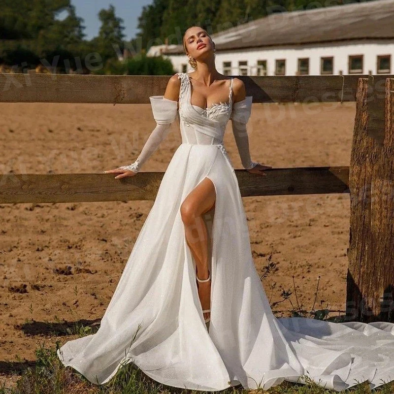 Simples uma linha vestidos de casamento feminino apliques vestidos de novias de boda vestidos de noiva personalizado manga longa fenda lateral