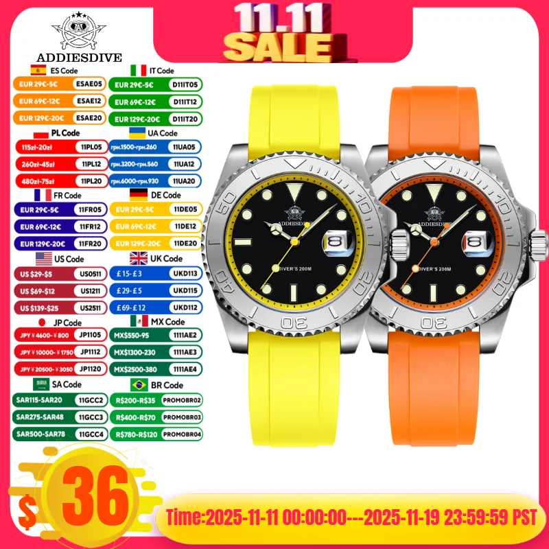 

ADDIESDIVE Mens Fashion Business Quartz Watch 200m Waterproof BGW9 Blue Luminous 316L Stainless Steel Watch Montre Homme