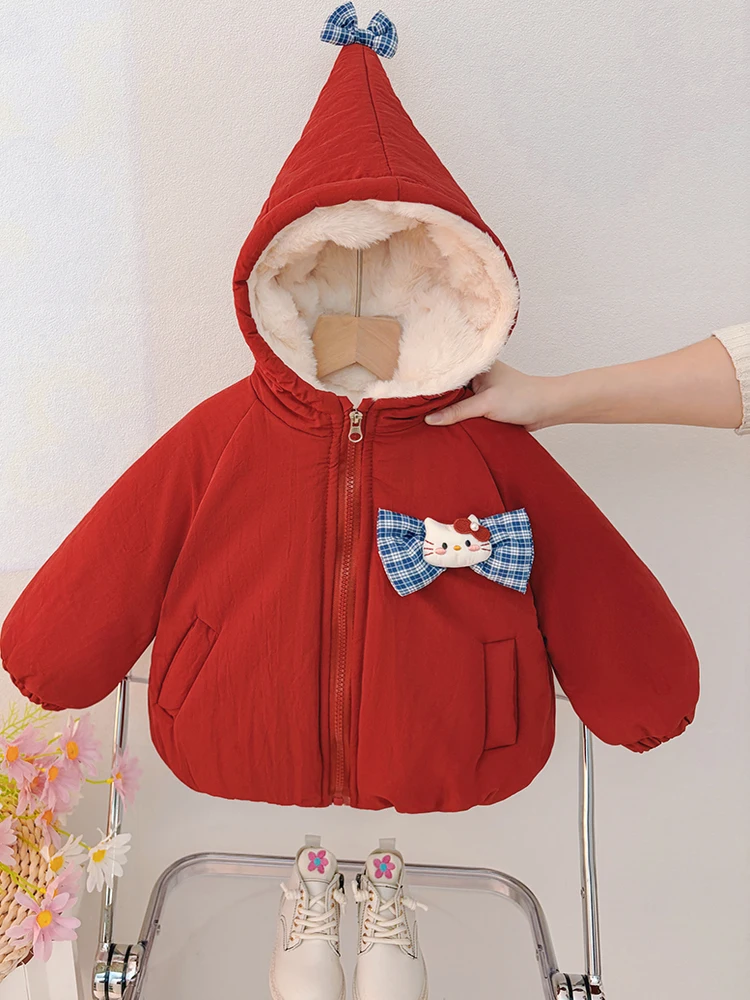 

Хлопковая куртка Thiened Fce с капюшоном из кроличьего меха для маленьких девочек, теплое милое зимнее пальто, свободная посадка на молнии