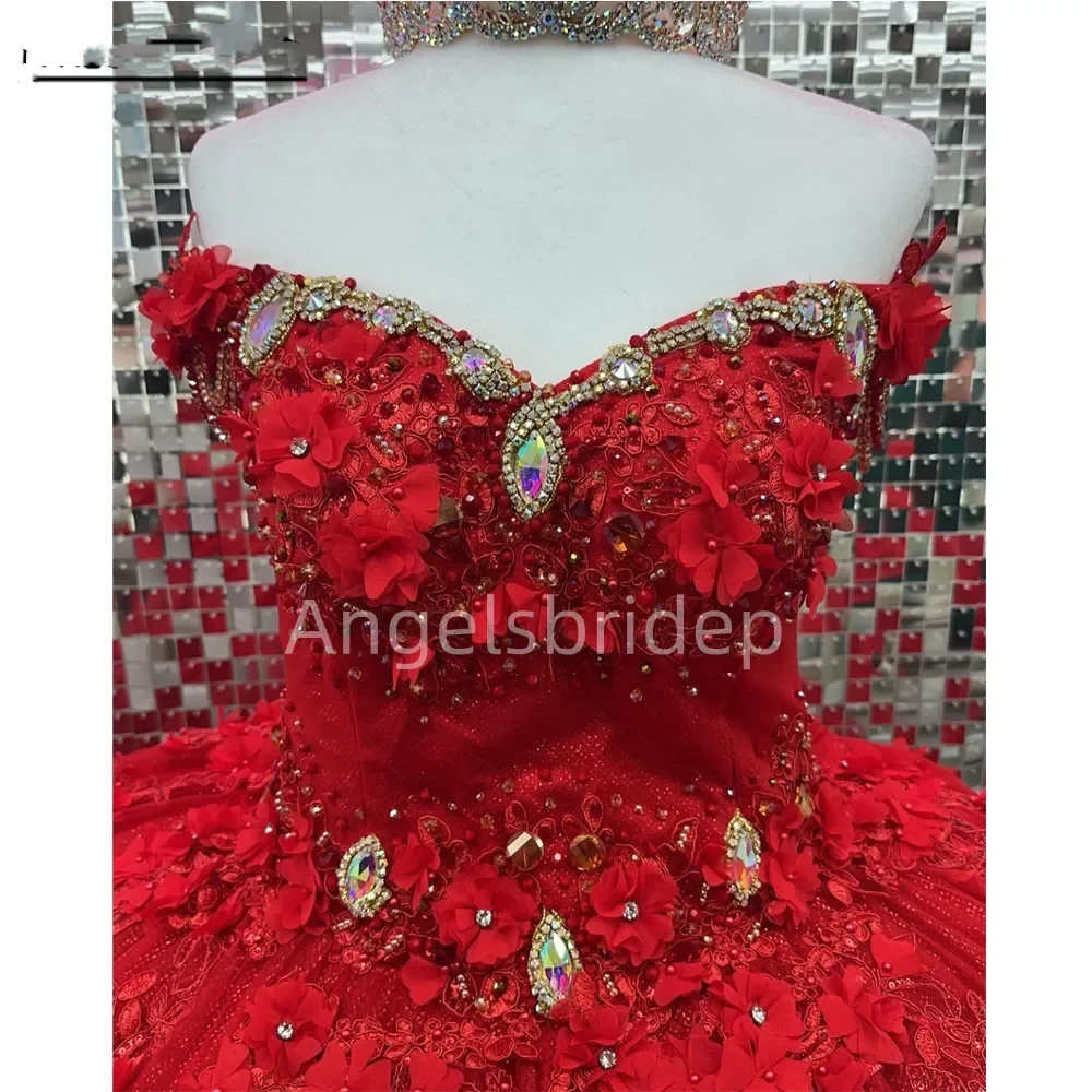 Angelsbride Sparkly Red Ball Gown Quinceanera Dresses With 3D Flora Crystals Gold Appliques Off Shoulder Vestidos De 15 Años