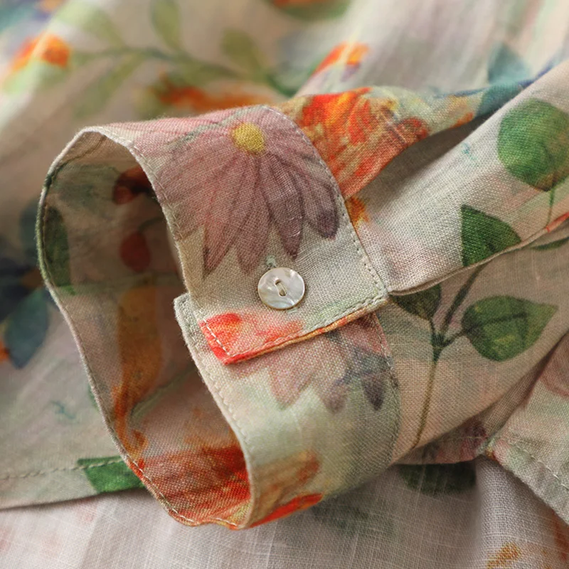 Floral Print Long Sve Women's irt Large Size Linen Cotton Blend Commute Sle  Collar Button up Regular Fit irt