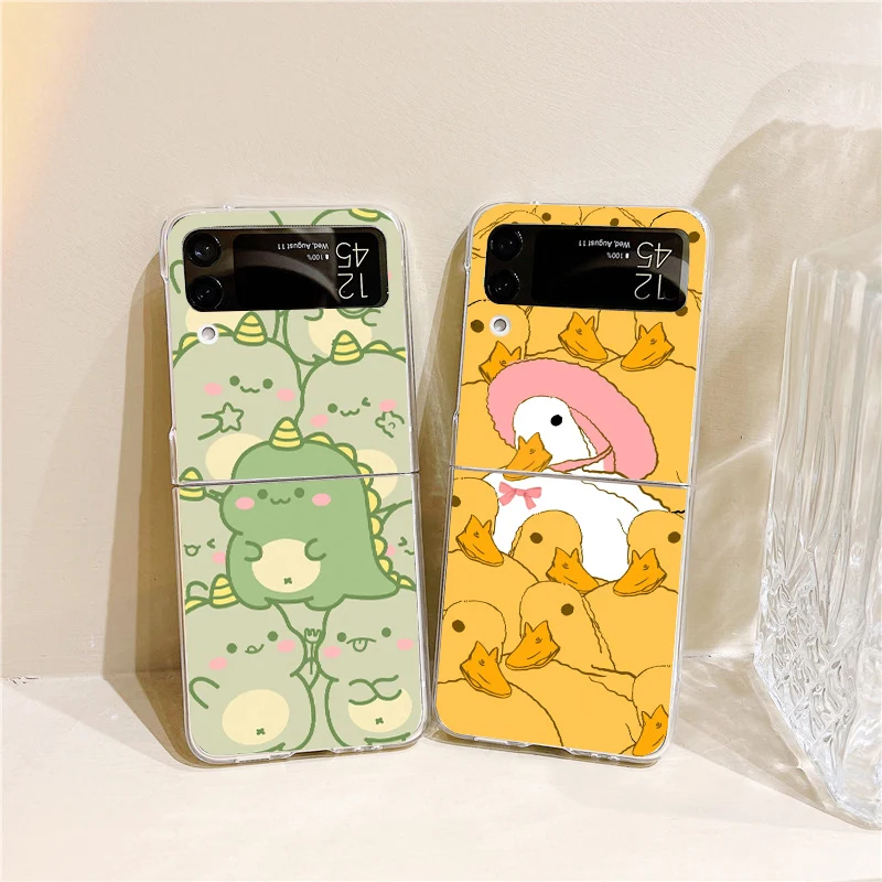 Funda de teléfono con diseño de pato y dinosaurio de dibujos animados para Samsung Galaxy Z Flip 6 ZFlip 5, Funda plegable dura para Samsung ZFlip 4 3 7