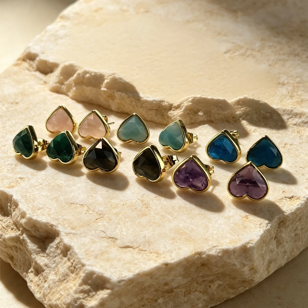 Heart Cut Natural Mineral Stud Ear Charms Multi Color Faceted Crystal Bezel Setting Golden Plated DIY Earring Component E2R1058